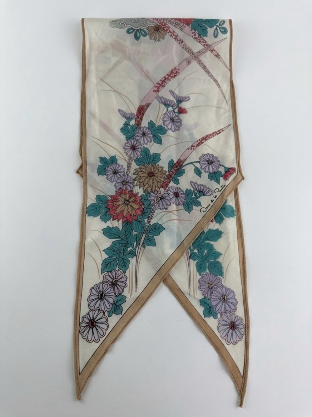 Vintage Oscar De La Renta Floral Skinny Scarf with Pointed Ends 70 x 6.5”